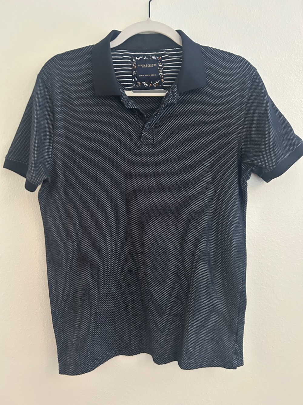 Denim & Flower Men's Dark Blue Polo with White Microdot Pattern